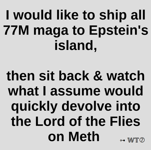 | would like to ship all
77M maga to Epstein's
island,

then sit back & watch
what | assume would
quickly devolve into
the Lord of the Flies
on Meth

~WT7