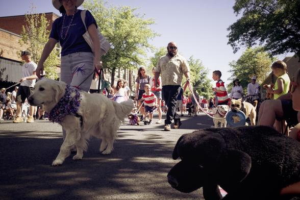 A woman in a sun hat walks a golden retriever wearing red-white-and-blue tinsel around its neck down a parade street, followed by more people and dogs of all sizes—everyone in motion, smiles all over the place.