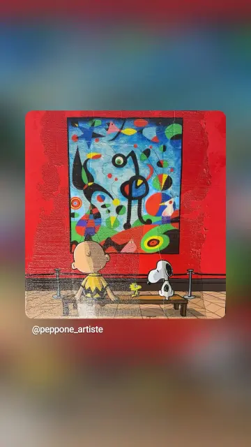 Charlie Brown, Snoopy und Woodstock im Museum vor einem Gemälde von Miro