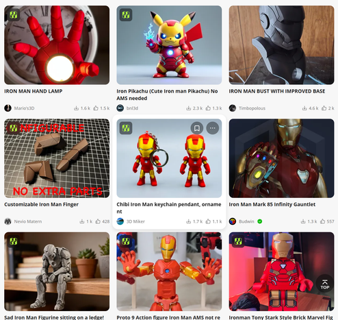 a grid of nine 3D-printable models, each one using Marvel's Iron Man IP. One of them is also a Pikachu 🤷