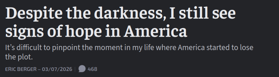 An ArsTechnica.com article titled "Despite the darkness, I still see signs of hope in America" written by Eric Berger, a straight white man. The article does not talk about minorities of any kind at all.