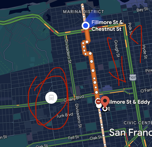 Bus is many blocks away from its route