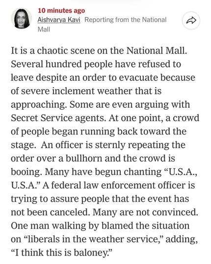 nyt post about people refusing to leave the national mall because lightning is a liberal conspiracy
