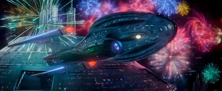 Scene from Picard Season 3. We're in space and looking at one of those giant Federation spacedocks that looks like a floating mushroom. We see a beautiful version of the Enterprise from the underside doing a fly by. Exploding all around are big bursts of fireworks. Reds, greens, yellows, purples, pinks all beautifully fireworking it up in space.  Can fireworks burst like this in space? I'm sure people will argue and expound in the comments, stay tuned!