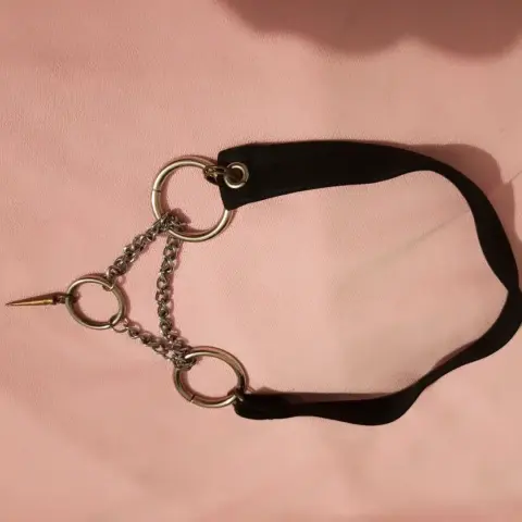 Un choker o gargantilla de estilo gótico o punk, de tela negra ancha, adornado con elementos metálicos de color plateado. Presenta dos anillas grandes unidas a la banda negra, de las cuales cuelgan cadenas finas que se conectan a una anilla central más pequeña. De esta anilla central pende una púa puntiaguda de color dorado.