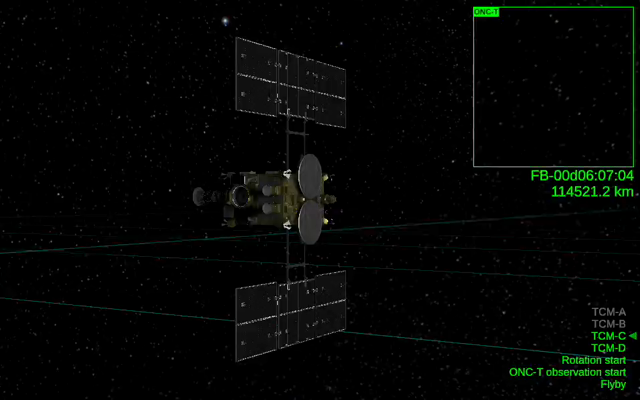 Screenshot from the web app showing the Hayabusa2 spacecraft travelling through space.