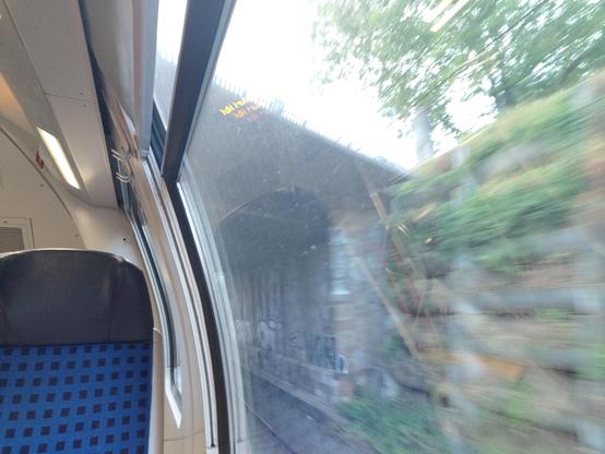 Foto: eine gerade unterquerte Brücke aus einem Zug gesehen