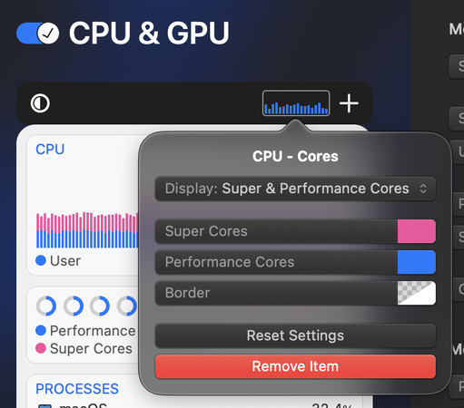 Screenshot of iStat Menus settings screen, configuring a CPU Cores item. The item is configured to display Super & Performance Cores, but all cores are colored as Performance Cores.
