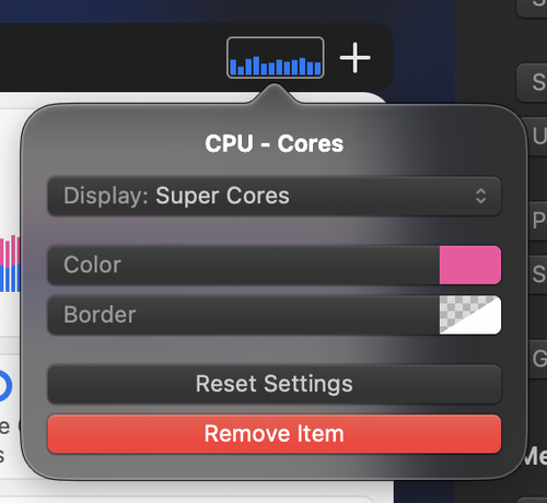 Screenshot of iStat Menus settings screen, configuring a CPU Cores item. The item is configured to display Super Cores, but it shows 12 bars in a machine that only has 6 of such cores. The bars are also blue, when they were supposed to be pink.