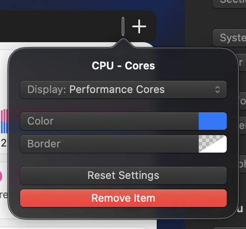 Screenshot of iStat Menus settings screen, configuring a CPU Cores item. The item is configured to display Performance Cores, but the item is empty, with no bars inside.