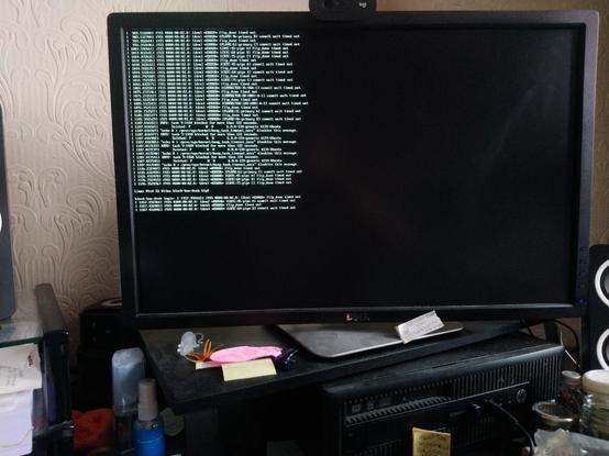 A computer monitor the screen is black apart from lines of script that has been generated instead of the expected start up / login screen.