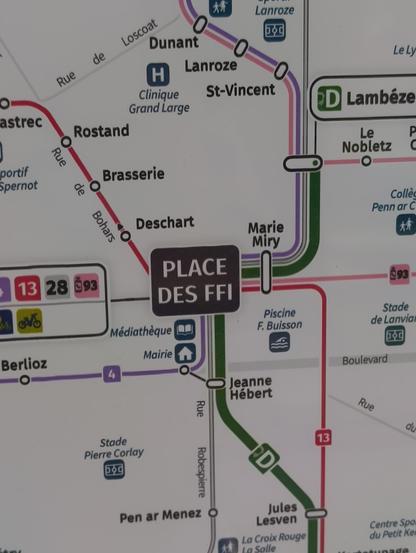 Network map of Brest, "Place des FFI" lies in the center