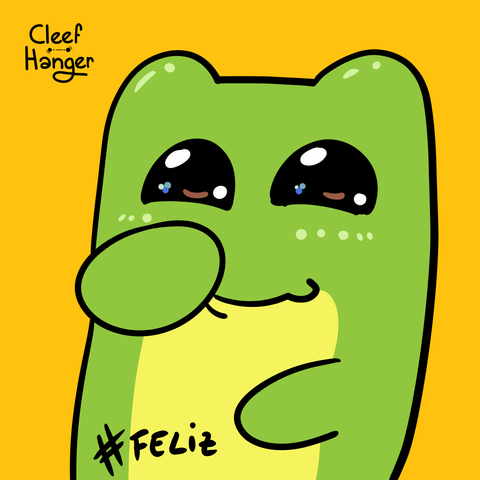 Froggelio con una mano picarona escondiendo su sonrisota de felicidad y abajo pone #feliz