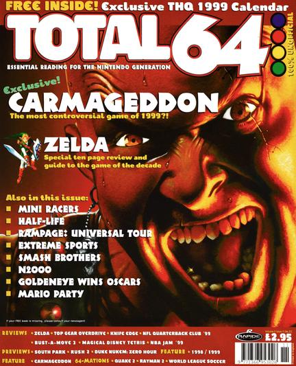Front cover for Total 64 No.23 Volume 2 Issue 11 - December 1998 (UK), featuring Carmageddon on Nintendo 64