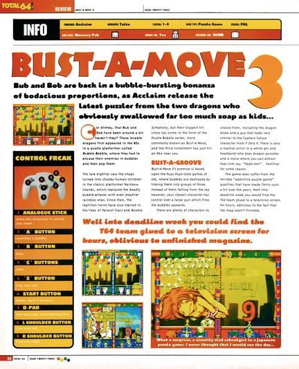 Review for Bust-A-Move 3 on Nintendo 64.
Taken from Total 64 No.23 Volume 2 Issue 11 - December 1998 (UK)

score: 79%