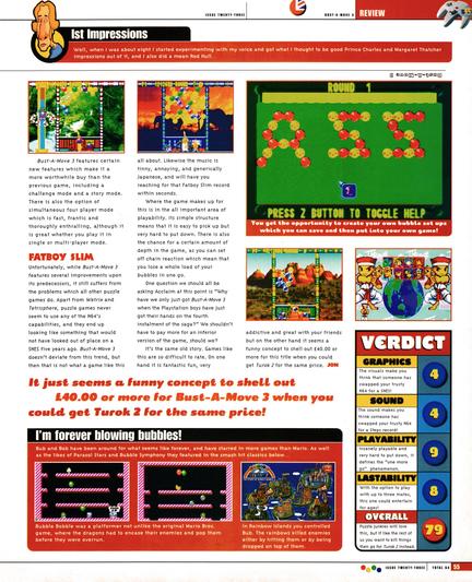 Review for Bust-A-Move 3 on Nintendo 64.
Taken from Total 64 No.23 Volume 2 Issue 11 - December 1998 (UK)

score: 79%