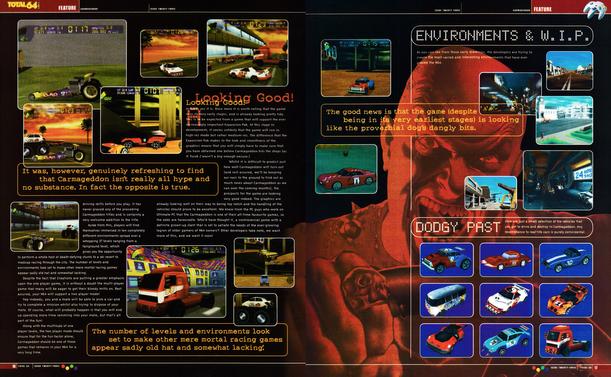 Feature for Carmageddon 64 on Nintendo 64. Including an interview with Ben Gunstone at Software Creations.
Taken from Total 64 No.23 Volume 2 Issue 11 - December 1998 (UK)