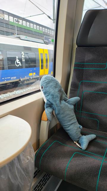 Smolhaj sitzt in einem anderen Zug und schaut aus dem Fenster auf einen weiteren Zug