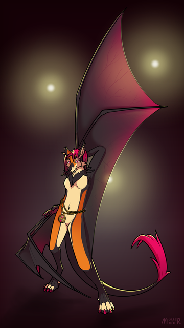 digital drawing of a hybrid furry showing off their wings in front of lights shining through them from the back.