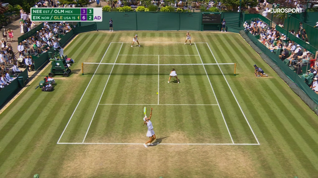 A screenshot of a tennis court. Doubles match. One of the four is Norwegian.