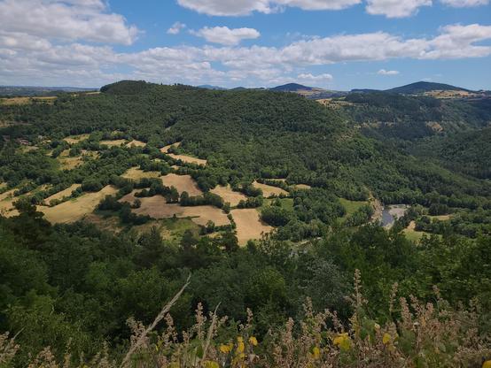 Paysage de la haute vallée de la Loire. On distingue la Loire en fond de vallée qui serpente entre les massifs montagneux.