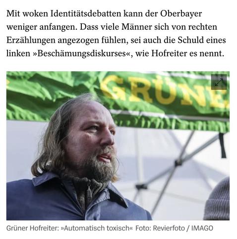 Mit woken Identitätsdebatten kann der Oberbayer weniger anfangen. Dass viele Männer sich von rechten Erzählungen angezogen fühlen, sei auch die Schuld eines linken »Beschämungsdiskurses«, wie Hofreiter es nennt.