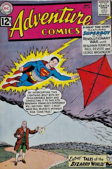 Cover of Adventure Comics showing Superboy conducting a lightning strike toward Ben Franklin’s kite.