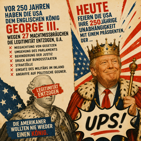 Vor 250 Jahren haben die USA dem englischen König George III. wegen 27 Machtmissbräuchen die Legitimität entzogen, u.a. 
- Missachtung von Gesetzen
- Umgehung des Parlaments
- Behinderung der Justiz
- Druck auf Bundesstaaten
- Strafzölle
- Einsatz des Militärs im Inland
- Angriffe auf politische Gegner. 
Die Amerikaner wollten nie wieder einen König.

Heute feiern die USA ihre 250jährige Unabhängigkeit mit einem Präsidenten, der ... ups!