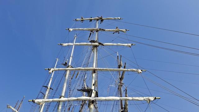 Short version: Sailors on masts. Fuller descriptions: Young sailors dotted around high up on the ropes and cables and riggings and masts of a ship, working on the sails while moored at the Tall Ships Race in Aarhus Denmark (last week). Deep bright blue sky. Coloured bunting on the ships.