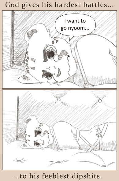 2 panel comic. Text above reads "god gives his hardest battles..." 

Panel 1 shows a cheetah guy teary eyed and angry, cuddling up in a blanket and saying "I want to go nyoom..." 

Panel 2 zooms out, showing he's not cuddled up in a blanket, he's in a straight jacket. 

Text below continues from the text above, saying "... To his feeblest dipshits."