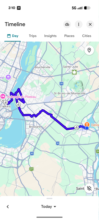 A screenshot of my Google timeline showing my route so far. 
From Montreal to Chambly.