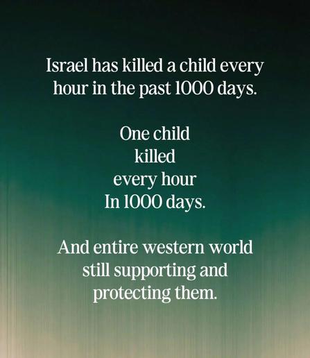 Poster layout saying:

Israel has killed a child every hour in the past 1,000 days

One child every hour, In 1,000 days.

And entire western world still supporting them and protecting them.