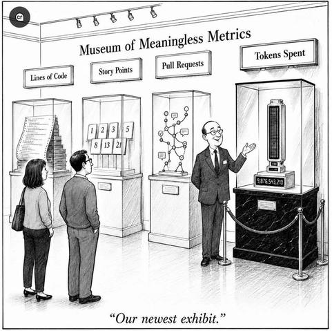 It shows an illustration of a museum exhibiting a document representing lines of code, numbered cards illustrating story points, a Git tree view representing pull requests, and finally, an AI feature for tracking token usage. A man is showing them to a couple and the words "Our newest exhibit" are written below.