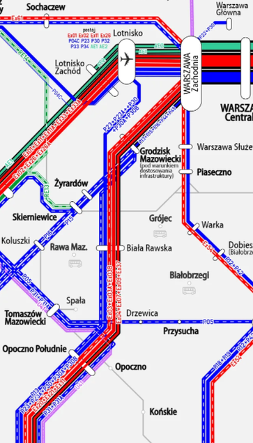 An excerpt from the HRJ diagram showing the new proposal for the CMK - more varied lines, and one set of them connects to "Lotnisko" (Airport)