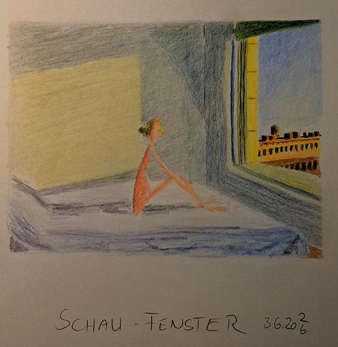 Farbstift-Zeichnung nach Edward Hoppers Gemälde "Morning Sun", allerdings mit einem Strichmännchen als Figur. Gezeichnet auf weißem Hintergrund.
Eine Frau in einem pinkfarbenen Nachthemd sitzt auf einem Bett und schaut aus einem Fenster, durch das die Morgensonne ins Zimmer fällt. Das Bettlaken ist leicht bläulich wie der Himmel, der Fensterrahmen und die Wände des Zimmers grünlich. Die Gebäude, die man durch das Fenster sieht, leuchten orangerot in der Morgensonne.
