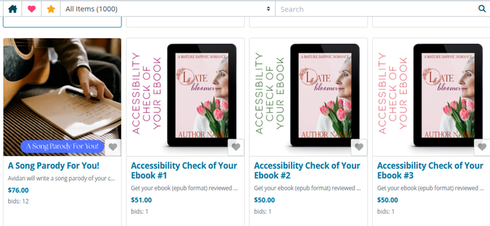 screenshot from the auction, showing four items, three of which are accessibility checks for ebooks, one at fifty one dollars and two at fifty dollars