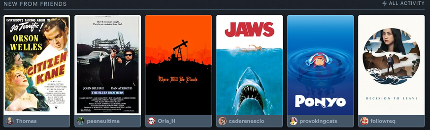 new from friends on letterboxd
Citizen Kane, The Blues Brothers, There Will Be Blood, Jaws, Ponyo, Decision to Leave