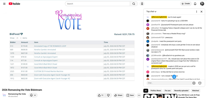 screenshot of the Romancing the Vote YouTube channel, with the livestream on, showing a spreadsheet of the bids, and the side chat going on. Total shown is US$231,739.75