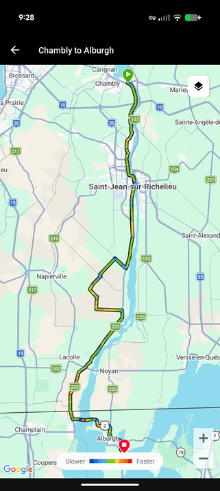 A map of the indirect route I took from Chambly QC to Alburgh VT