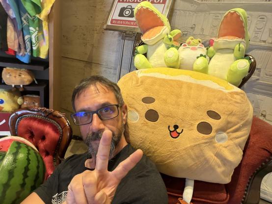 A selfie with a giant honey toast squeezable pillow with stuffed dinosaurs sitting on it