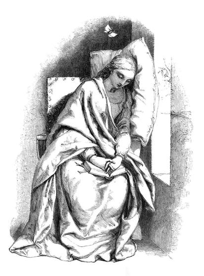 A young woman sits in an armchair, an open book resting on her lap, her head propped against a pillow placed beside her along the wall. She appears to be asleep, though a butterfly hovering above her head suggests her departing soul.