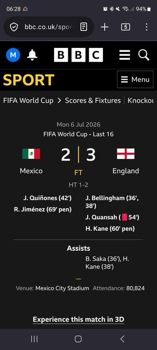 A screenshot from bbc news showing England winning 3 2 over Mexico losing the players who scored.
