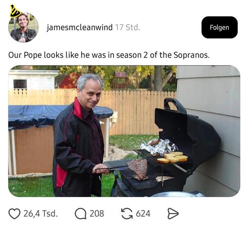 Ein Bild von Papst Leo am Grill. Er ähnelt Christian Rach.