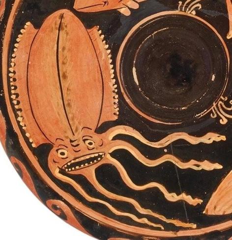 A detail of a Greek fish plate, with a red squid on a black background. The squid looks a bit grumpy.