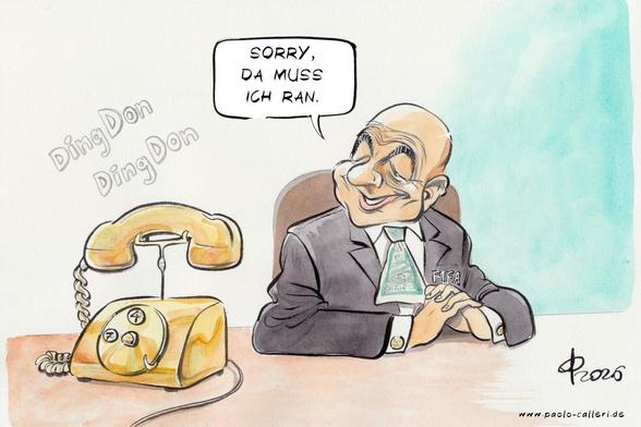 Karikatur "Anruf" aus dem Jahr 2026. Ein glatzköpfiger Mann mit grünem Geldschein als Krawatte sitzt an einem Tisch und blickt zu dem goldenen Telefon, das neben ihm steht. Das Telefon macht Ding Don Ding Don. Der Mann, an dessen Revers der Begriff FIFA angebracht ist, spricht: Sorry, da muss ich ran. Das Telefon hat eine Wählscheibe. Allerdings nur mit den Ziffern 4 und 7.