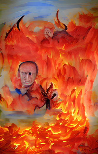 The nazi russian dictator putin burning in hell.
(Image: Wombodream)