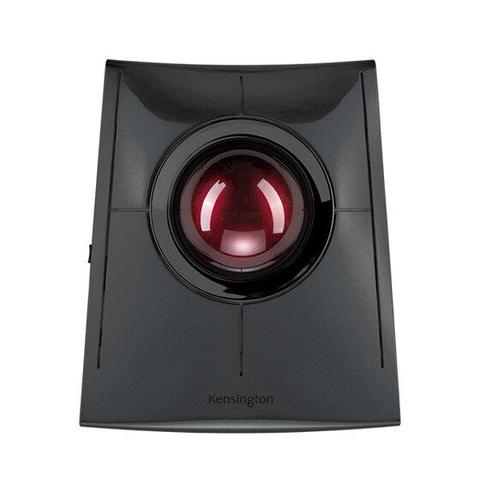 A black rectangular trackball from above on a white background. The ball itself is deep red and slightly above center. It’s surrounded by 4 buttons.