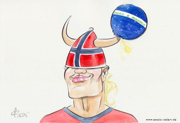 Karikatur "Haaland" aus dem Jahr 2026. Eine grinsende blonde Person mit Wikingerhelm steht uns gegenüber. Der Helm ist rot angemalt mit einem blauen Kreuz auf der Stirnseite. In einem der beiden am Helm angebrachten Hörner steckt ein blauer Ball, der von einem weißen Band durchzogen ist, auf dem Ordem e progresso in grüner Farbe geschrieben steht.