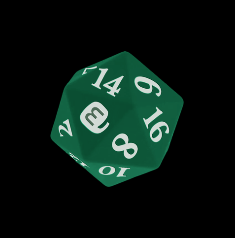 Green twenty faced dice on a black background. The numbers are written in a sort of bold serif font, and the 20 face is the Mastodon logo.