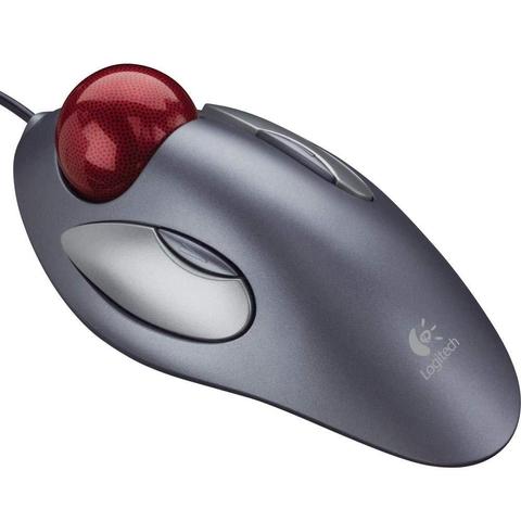 A Logitech Trackman Ball Mouse - a classic ambidextrous ball mouse with 4 buttons, 2 on each side.